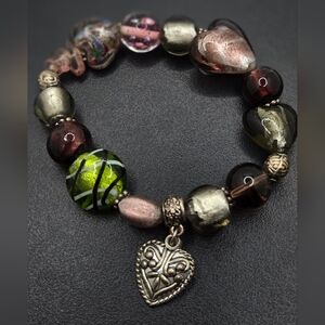 Bohemian Bracelet with Dichroic Glass Beads & Silver Tone Heart Charm Sz 6/7